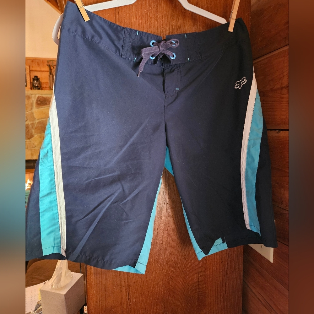 Vintage Fox Racing Navy and Teal Board Shorts Juniors Size 9